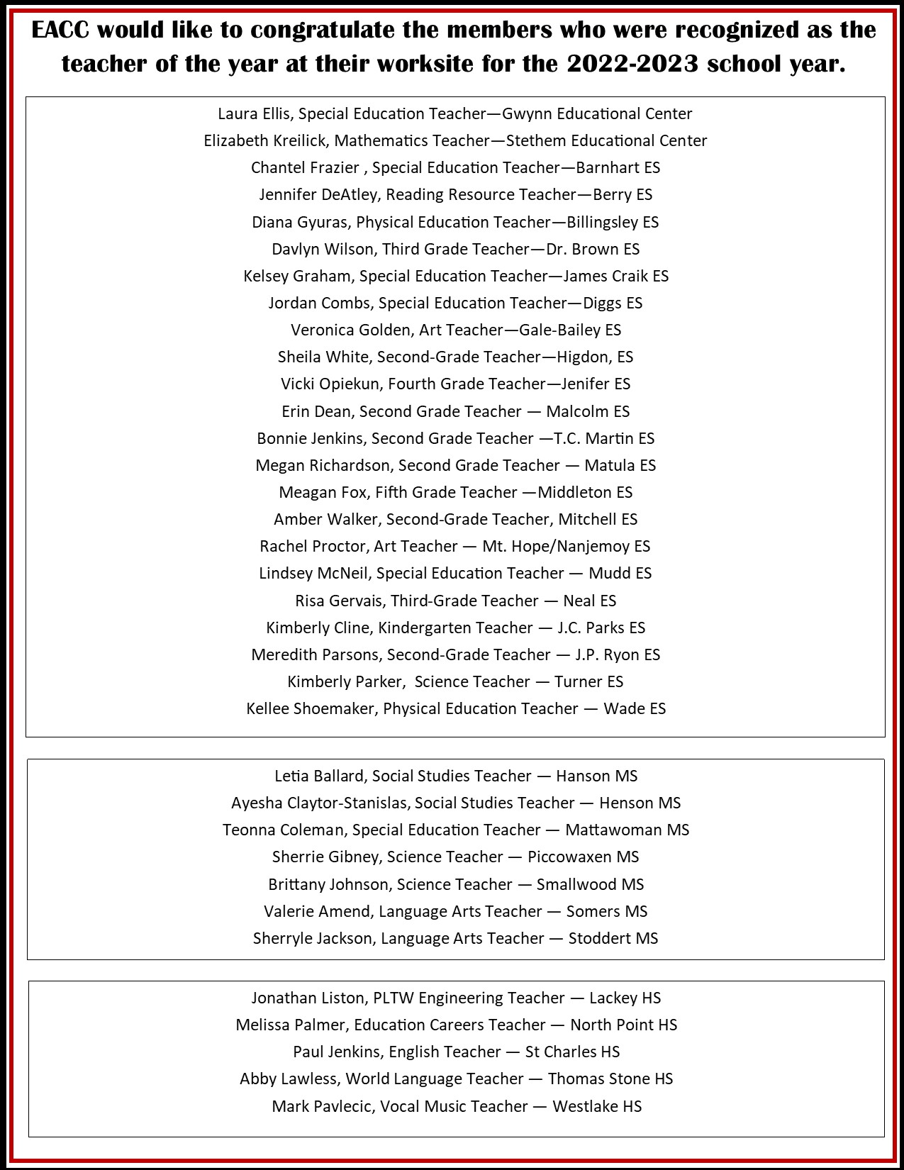2023 members -Teacher of the Year Nomination