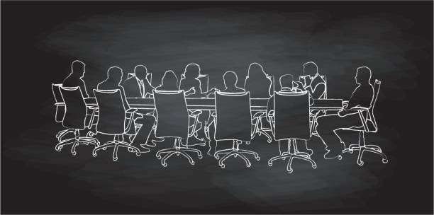 Chalkbaord illustration of a group of business people during a boardroom meeting